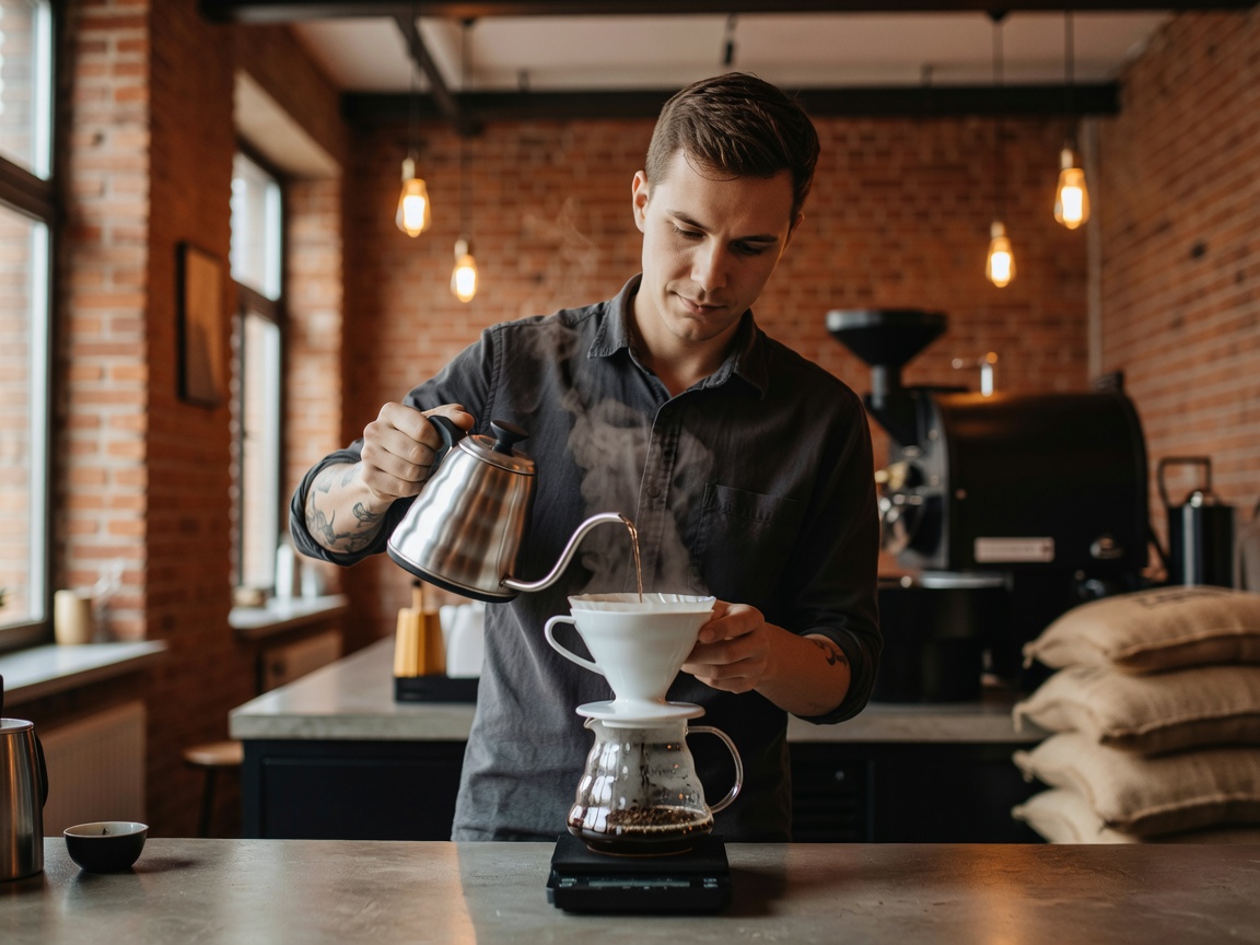 Barista preparing V60 pour over coffee at Rocket Bean Roastery Riga
