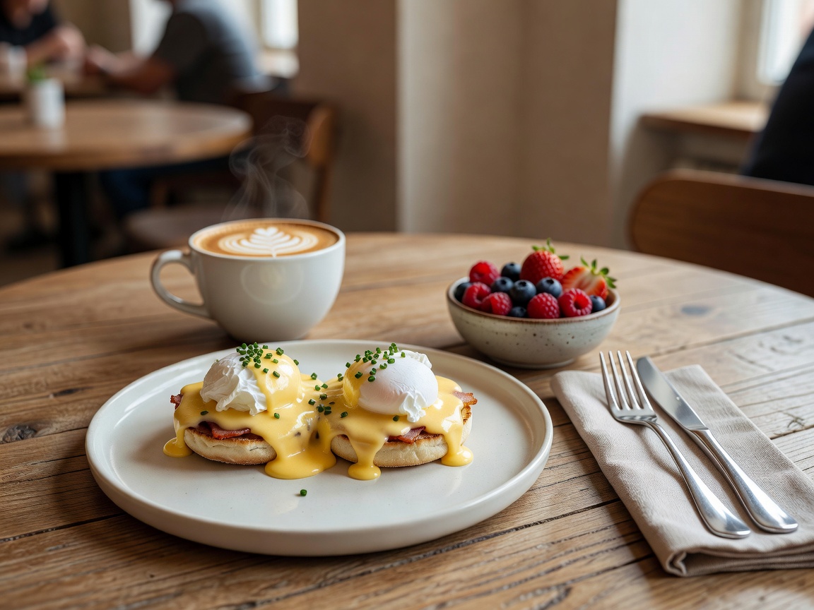 Brunch spread with Eggs Benedict and Flat White at Innocent Cafe Riga