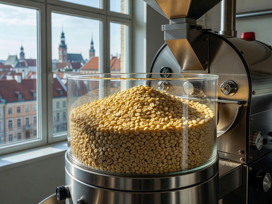 Light roast coffee beans in precision roaster hopper in Riga