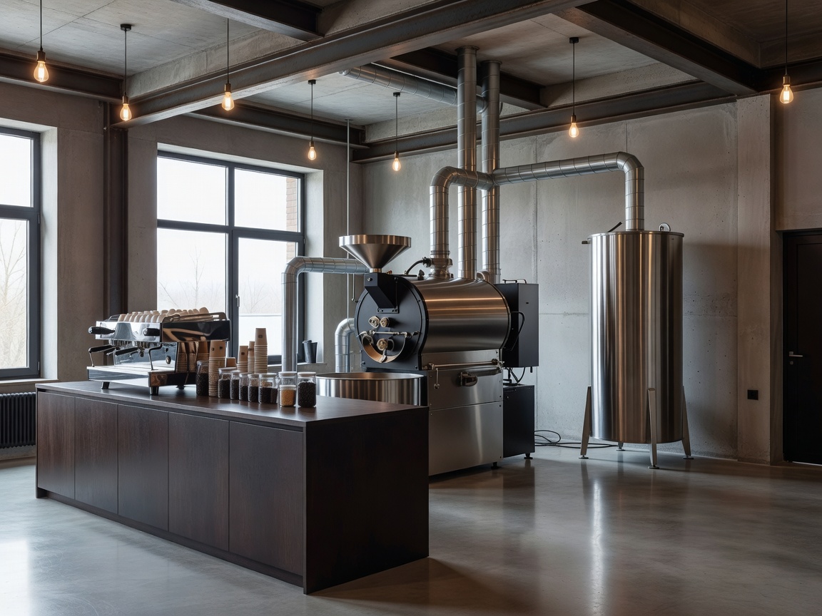 Rocket Bean Roastery interior with modern industrial roasting equipment in Riga
