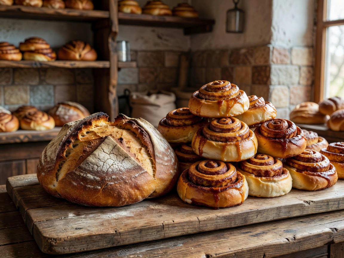 Freshly baked sourdough and cardamom buns at Mikla Bakery Riga